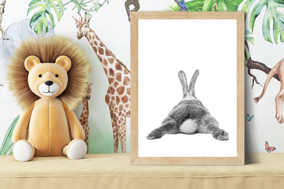 Playful Bunny Tail Back View Black and White Nursery Style Poster