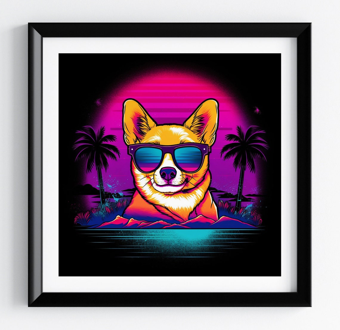 Corgi Dog Retro 80s Neon Synthwave Sunset Pet Portrait Poster