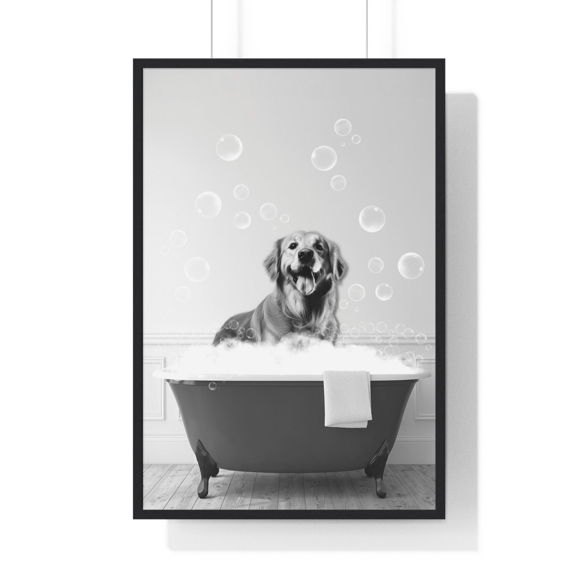 Golden Retriever In Bubble Bath Clawfoot Tub Funny Bathroom Poster
