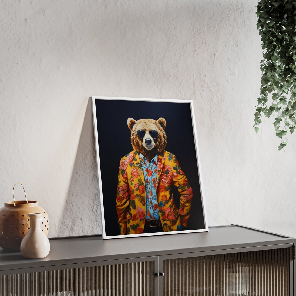 Grizzly Bear in a Yellow Floral Suit with Aviator Sunglasses Poster - Image 2