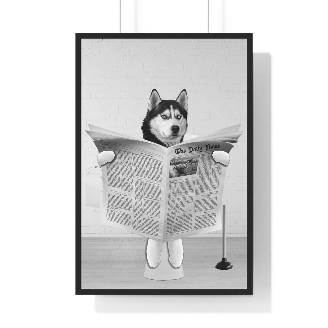Siberian Husky Reading Newspaper on Toilet Funny Bathroom Poster