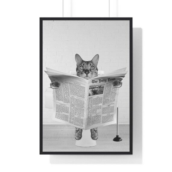 Bengal Cat Reading Newspaper on Toilet Funny Bathroom Poster