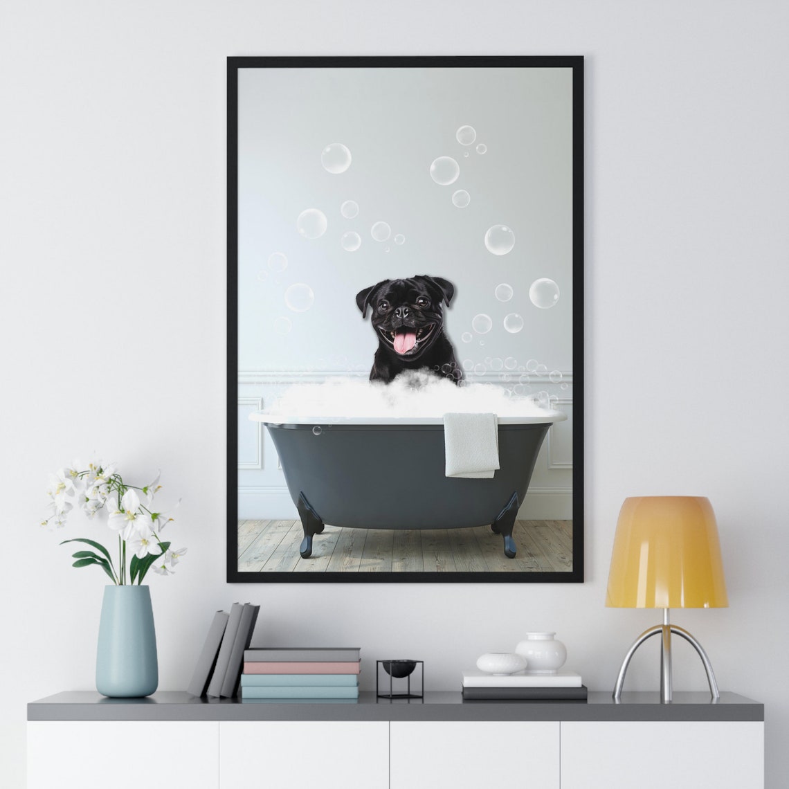 Happy Black Pug in Bubble Bath Funny Dog Bathroom Art Poster - Image 2