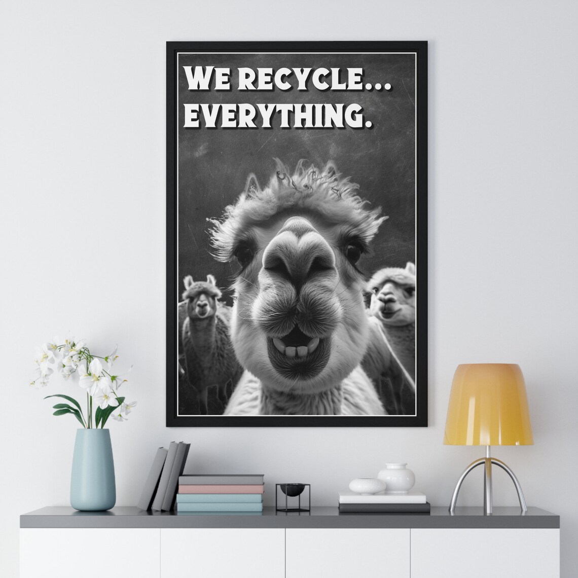 Black And White Goofy Alpaca Selfie Recycle Everything Funny Bathroom Poster - Image 2