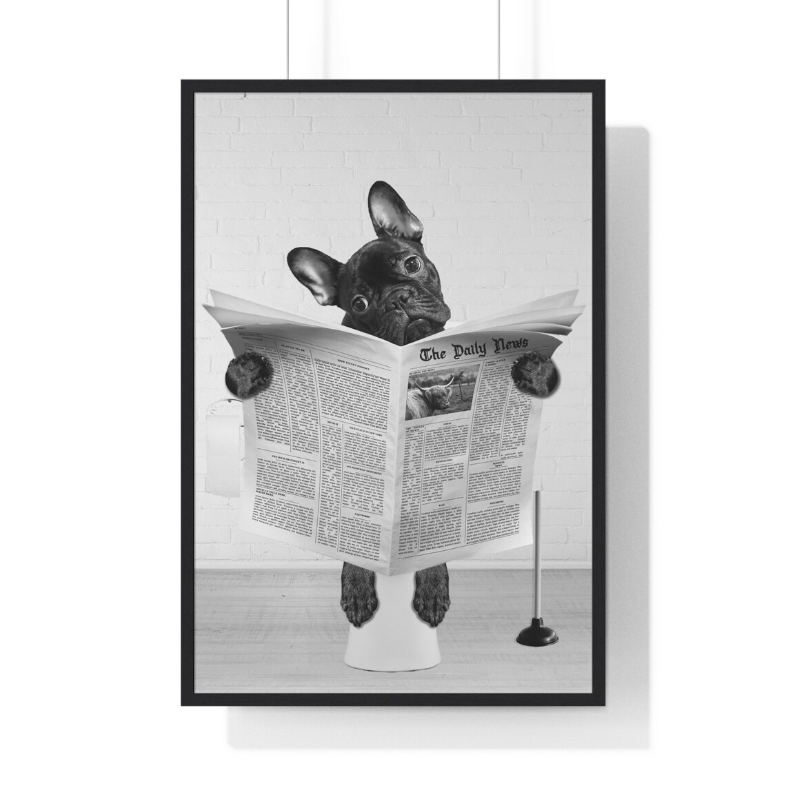 French Bulldog Reading Newspaper On Toilet Funny Bathroom Poster