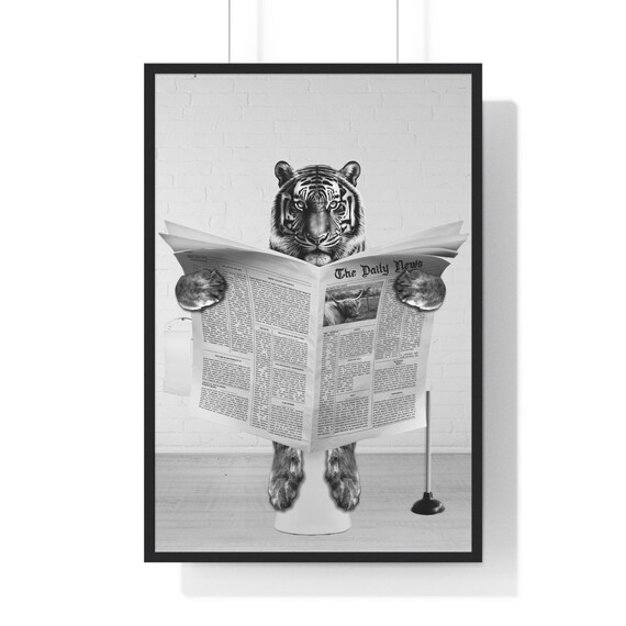 Tiger Reading The Daily News on Toilet Whimsy Bathroom Poster