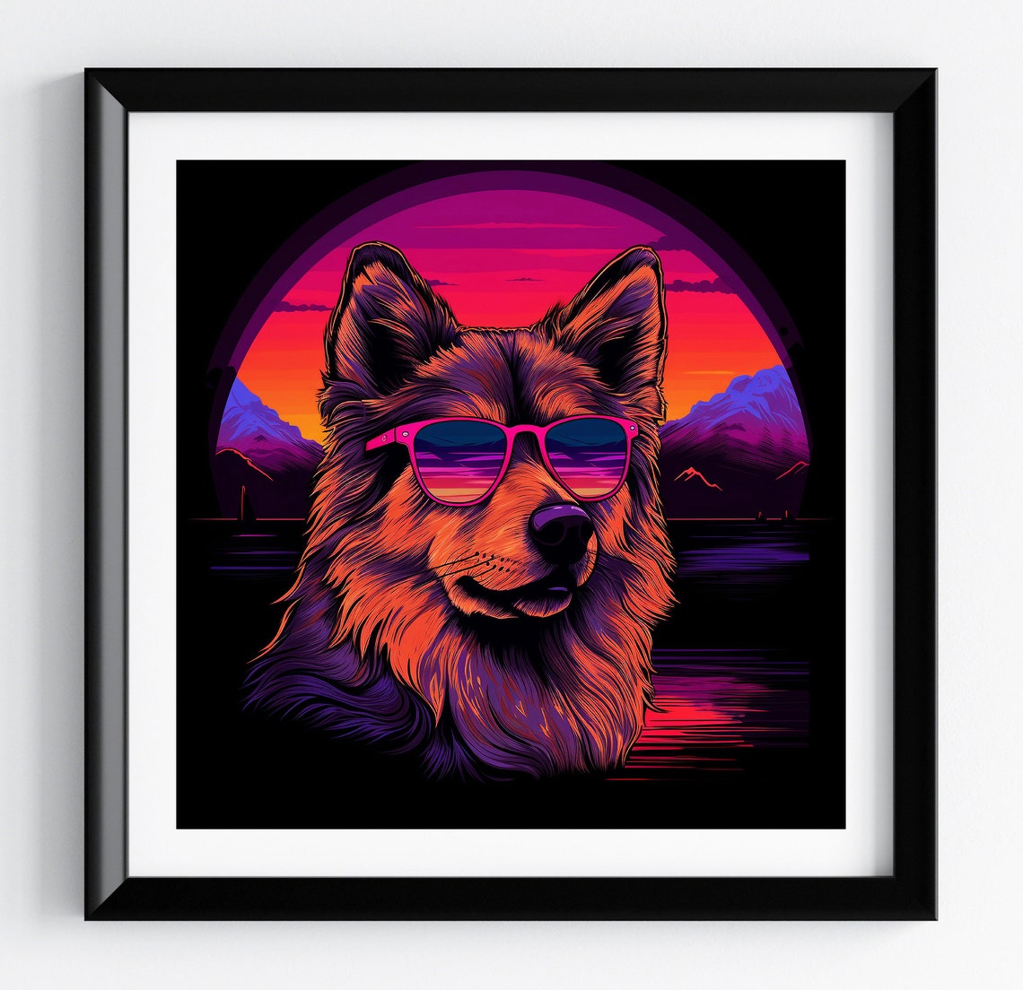 Alaskan Malamute Retro 80s Neon Synthwave Sunset Portrait Poster