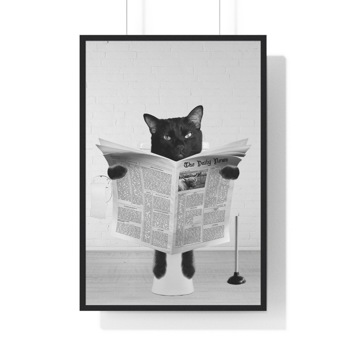 Black Cat Reading Newspaper on Toilet Humorous Bathroom Poster