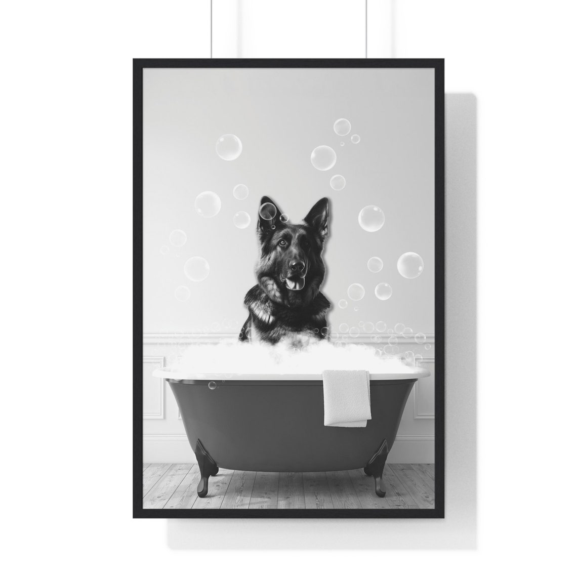 German Shepherd In Bubble Bath Black And White Bathroom Poster