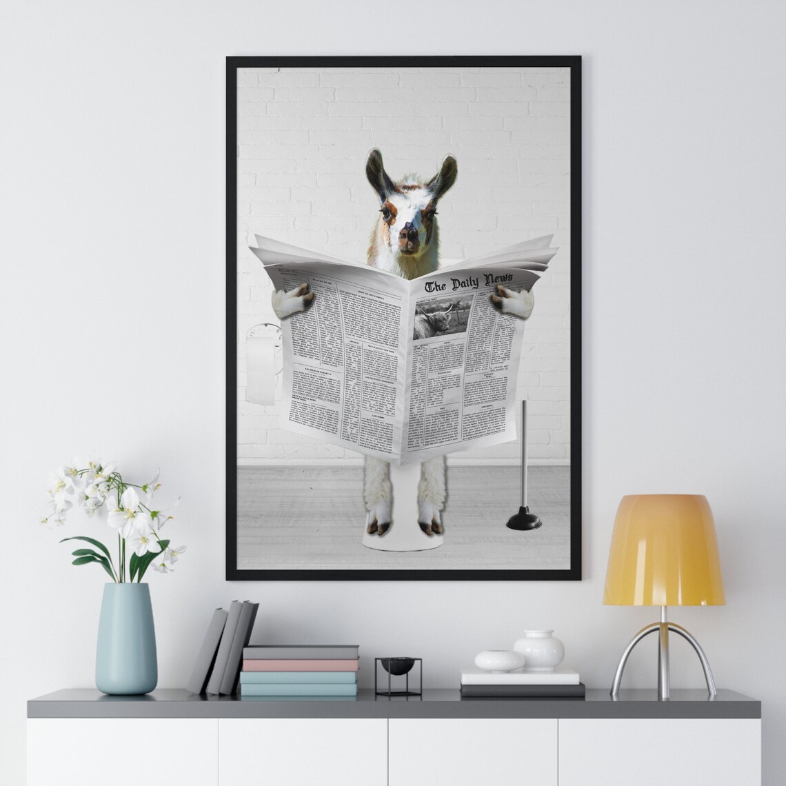 Llama Reading Newspaper Funny Bathroom Humor Animal Art Poster - Image 2