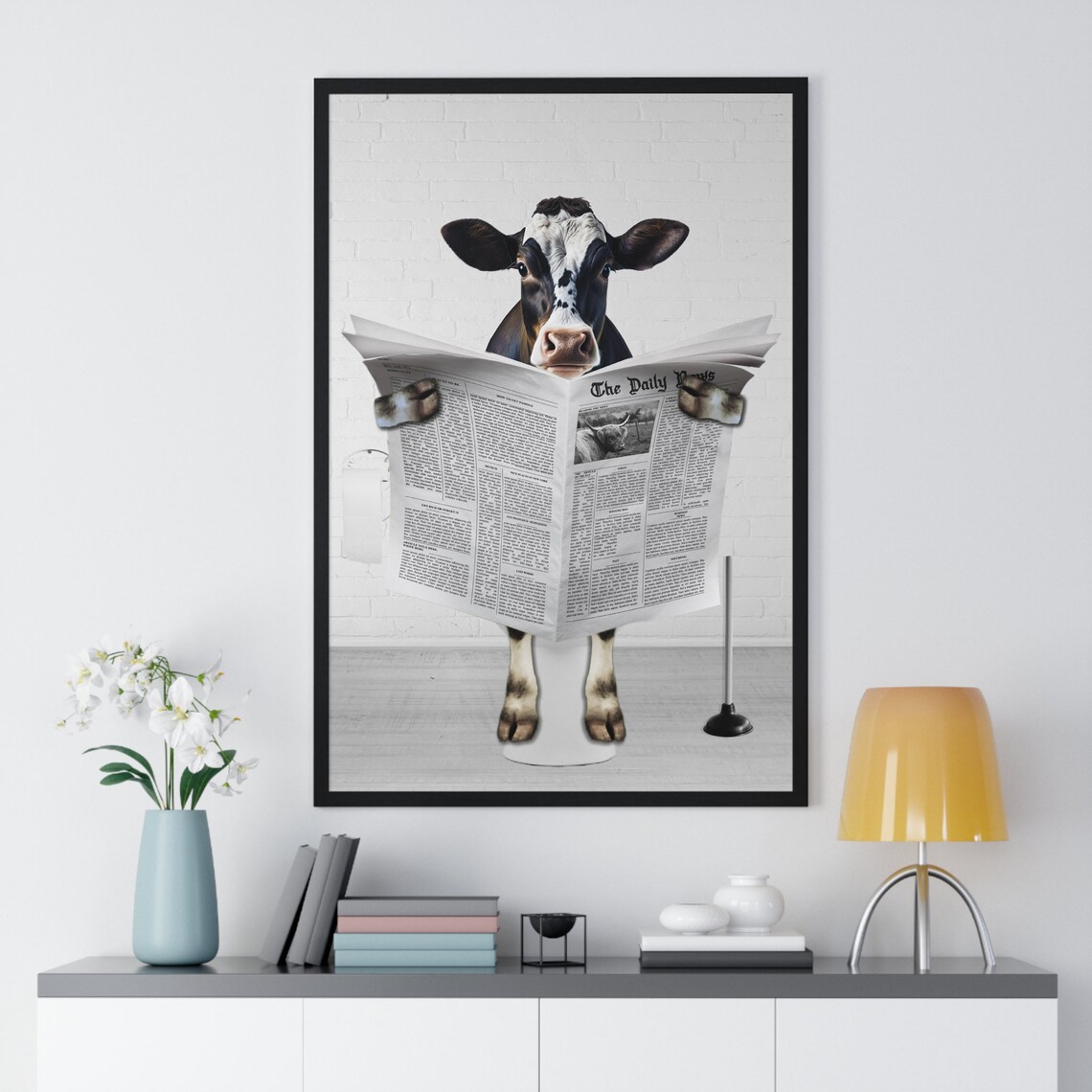 Dairy Cow Reading the News on the Toilet Funny Bathroom Poster - Image 2