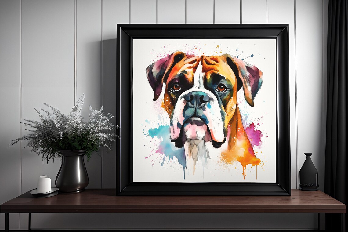 Brindle Boxer Dog Watercolor Splatter Portrait Colorful Dog Poster