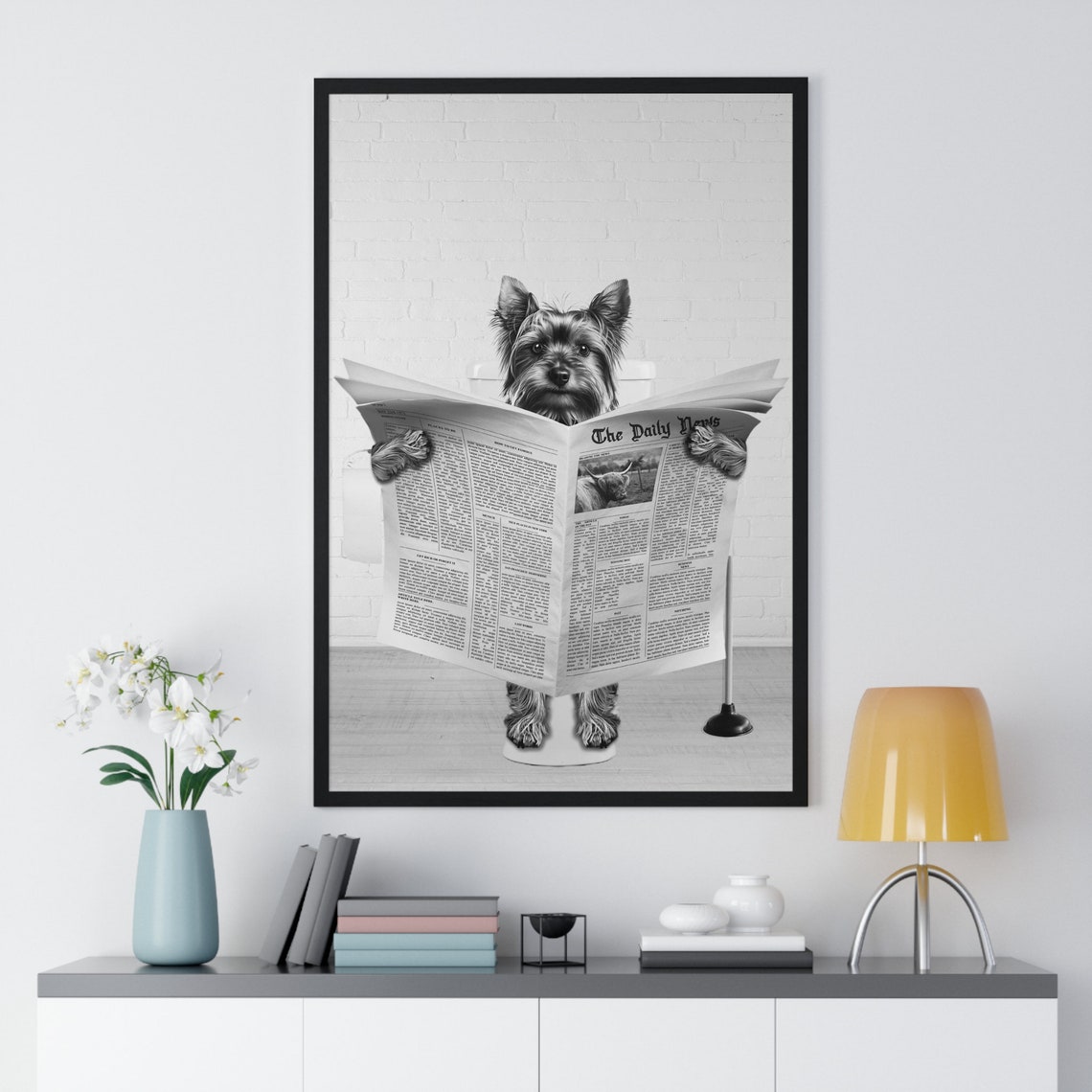 Yorkshire Terrier Reading Newspaper on Toilet Funny Bathroom Poster - Image 2