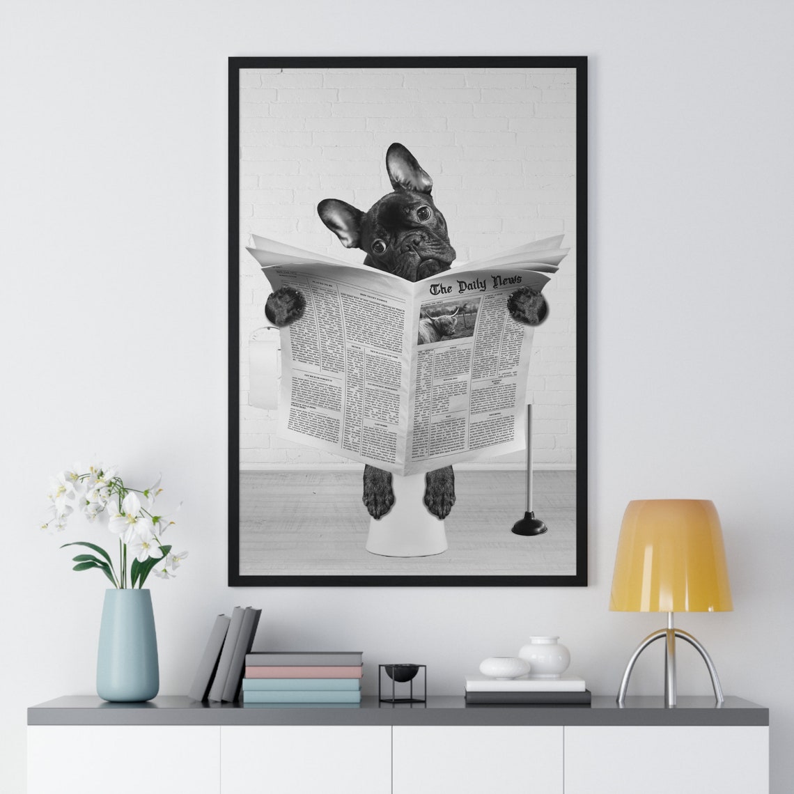 French Bulldog Reading Newspaper On Toilet Funny Bathroom Poster - Image 2