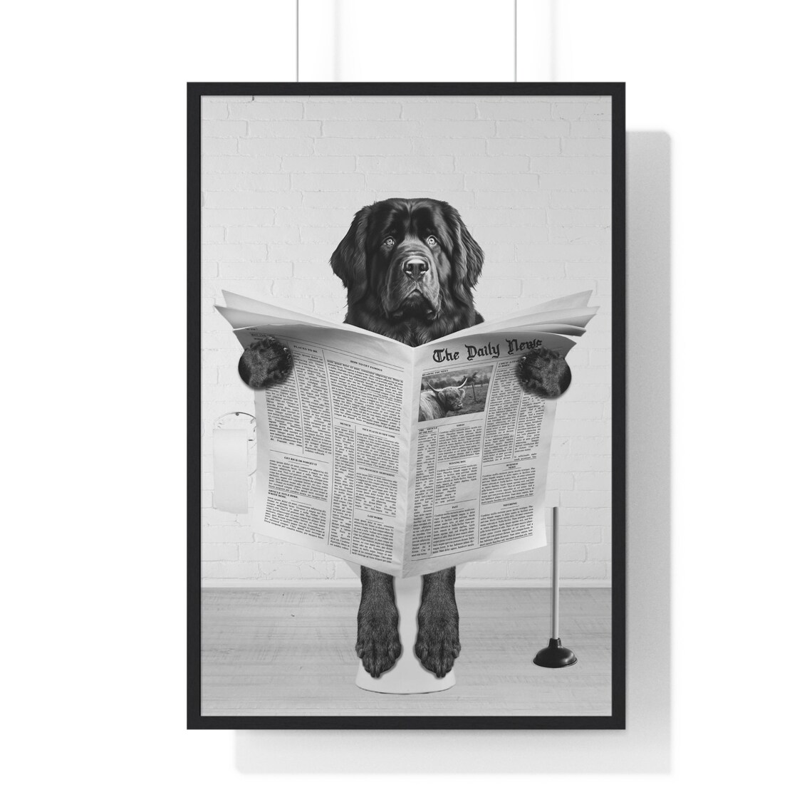 Newfoundland Dog Reading Newspaper on Toilet Funny Bathroom Poster