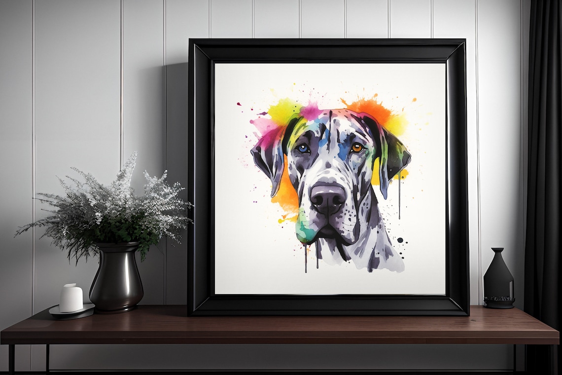 Blue Eyed Great Dane Watercolor Splatter Dog Portrait Poster