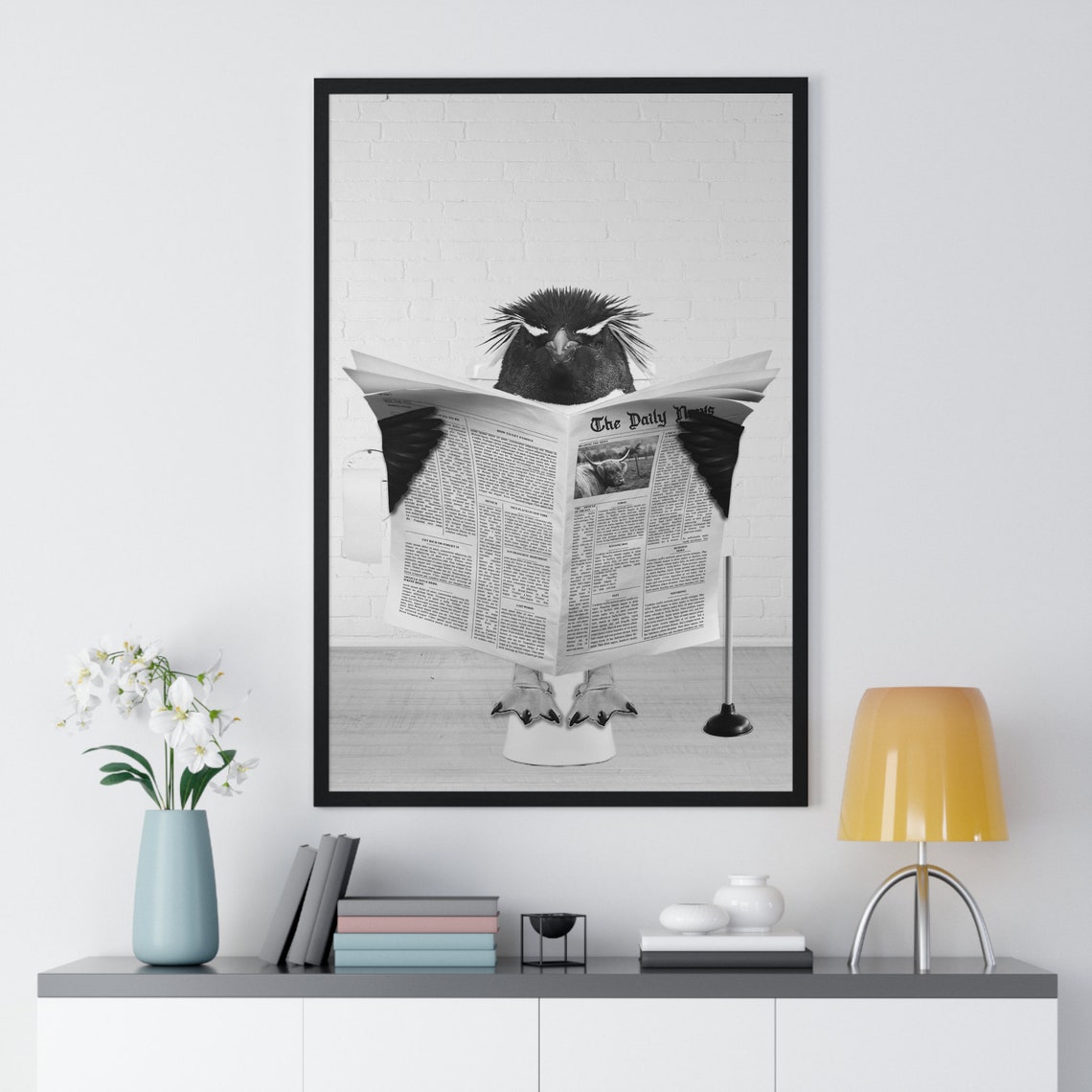 Crested Penguin Reading Newspaper on Toilet Funny Bathroom Poster - Image 2