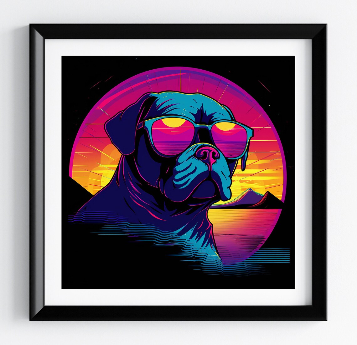 Pug Neon Ocean Sunset Teal Sunglasses Retro Dog Portrait Poster