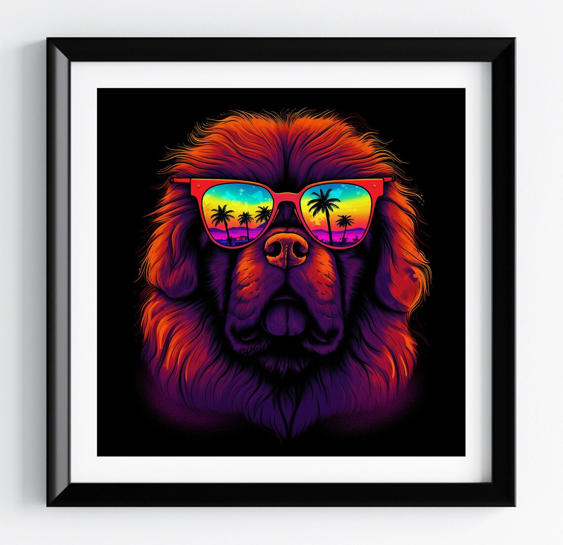 Tibetan Mastiff Neon Palm Sunset Shades Retro Dog Portrait Poster
