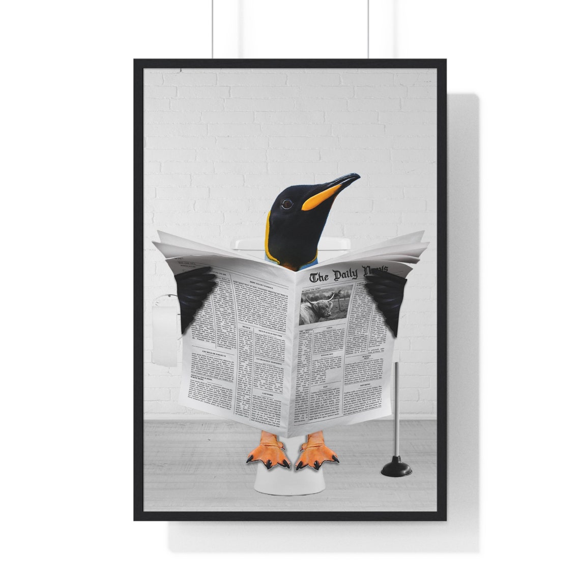 King Penguin Reading Newspaper Funny Bathroom Humor Art Poster