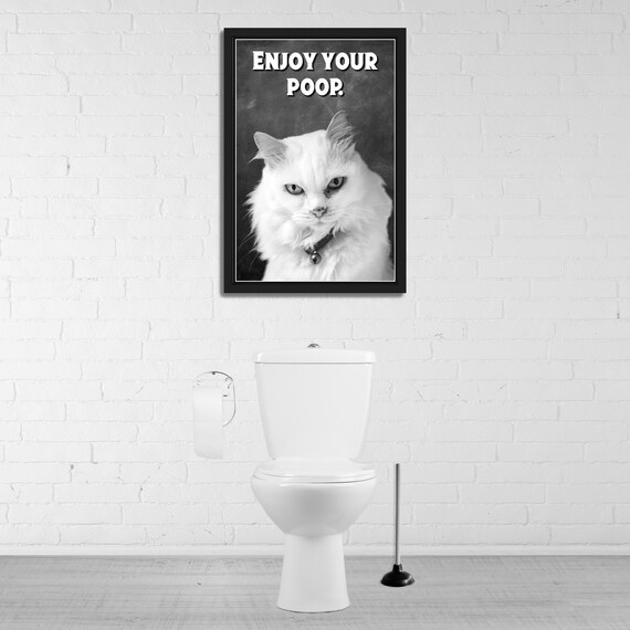 Black And White Grumpy White Cat Selfie Enjoy Your Poop Funny Bathroom Poster