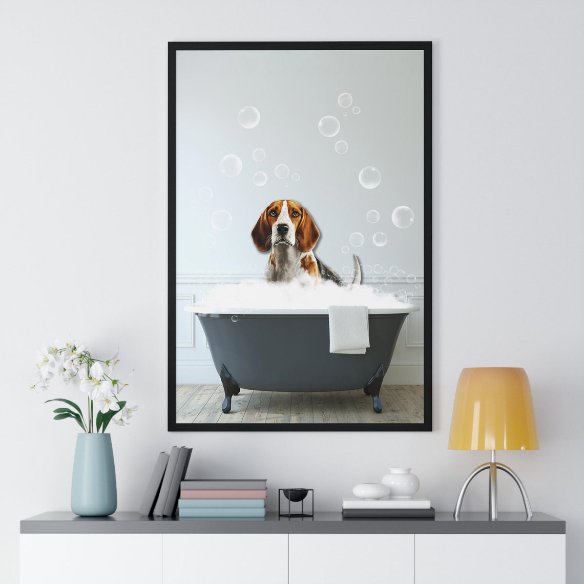 Handsome Foxhound in Bubble Bath Funny Dog Bathroom Art Poster - Image 2