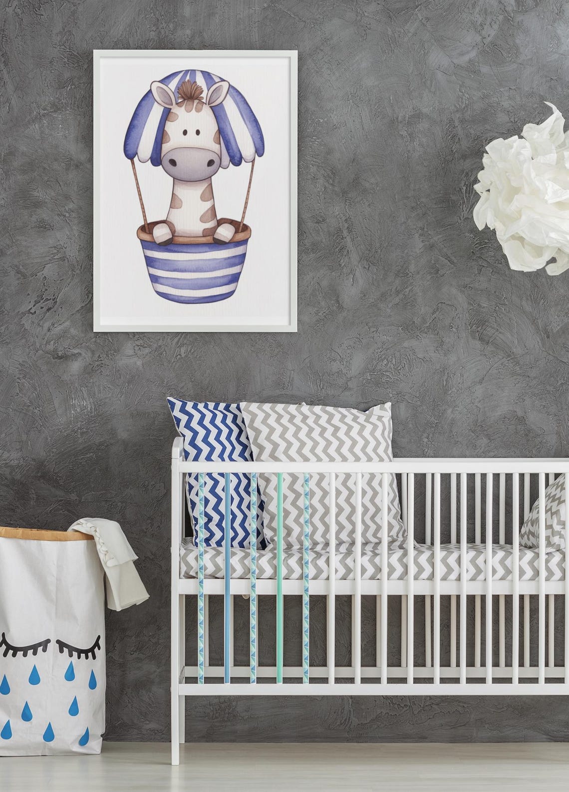 Baby Giraffe In Blue Striped Hot Air Balloon Basket Nursery Poster - Image 2