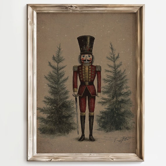 Moody Tin Soldier Print Nutcracker Painting Vintage Christmas Decor Xmas Holiday Wall Art Dark Moody Wall Art Rustic