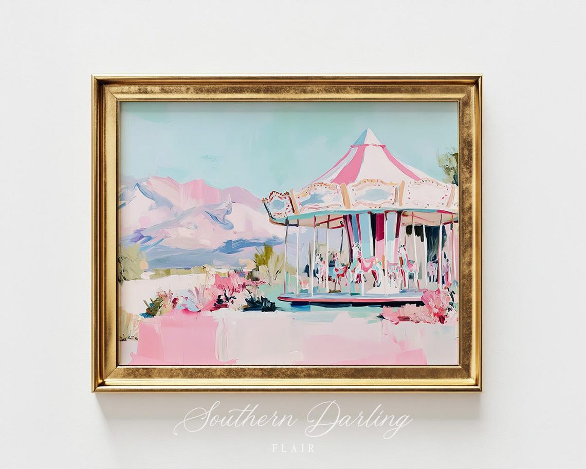 Pink And White Carousel With Mountains Pastel Amusement Art Poster