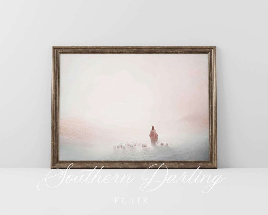 Jesus The Good Shepherd Leading Sheep Through Soft Morning Mist Poster - Image 3