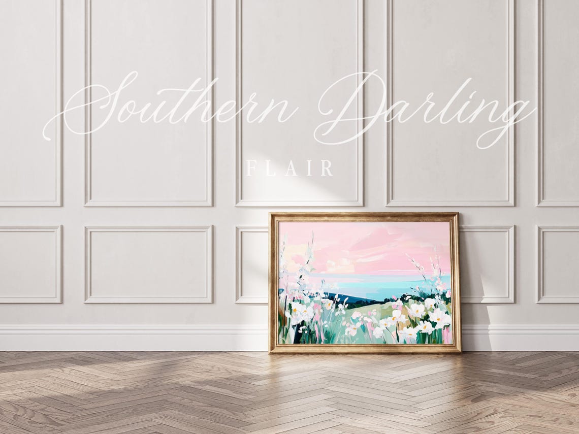 White Wildflowers Meadow Under A Pink Sky Pastel Landscape Poster - Image 3