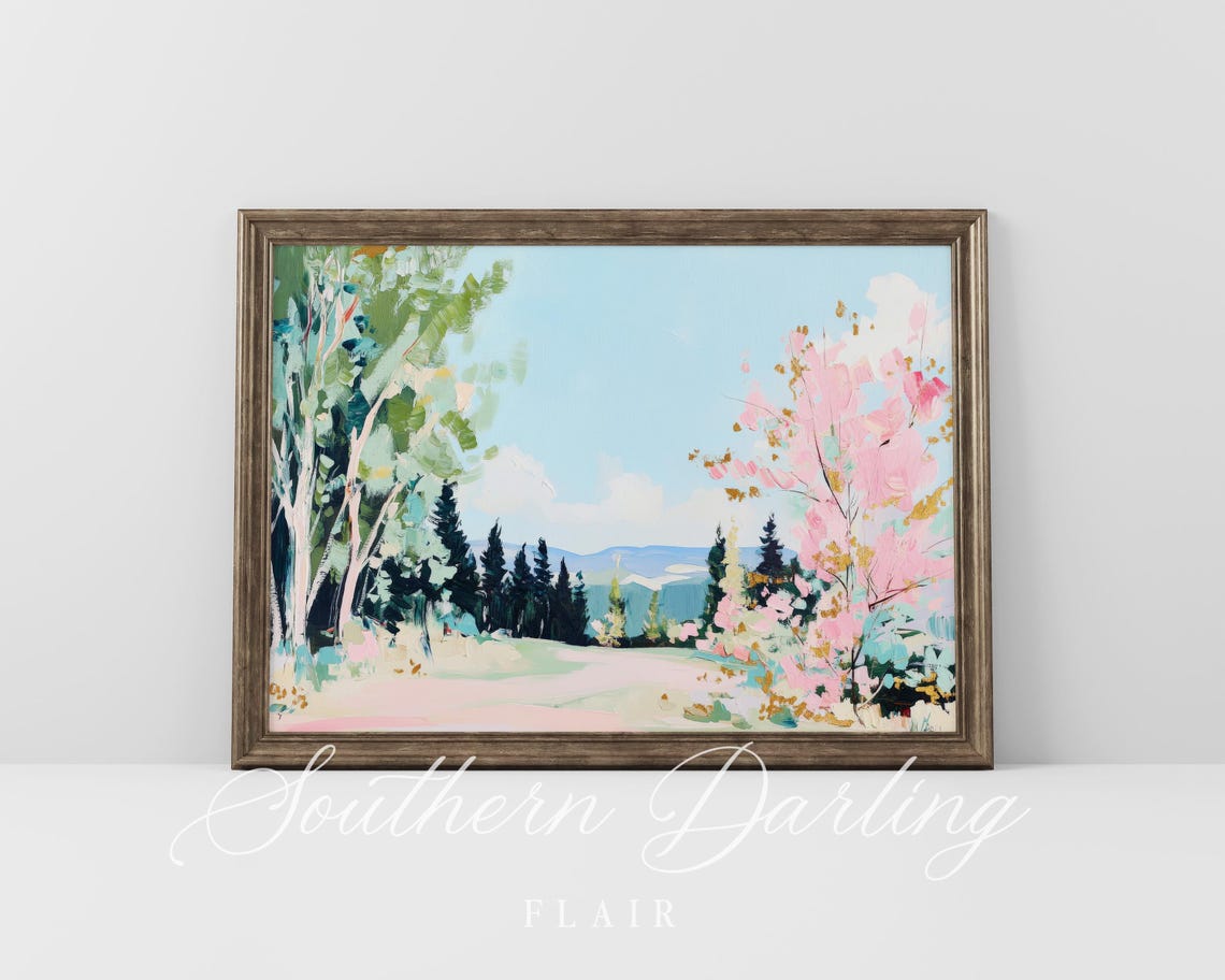 Pastel Mountain Landscape With Pine Trees And Pink Blossoms Poster - Image 4