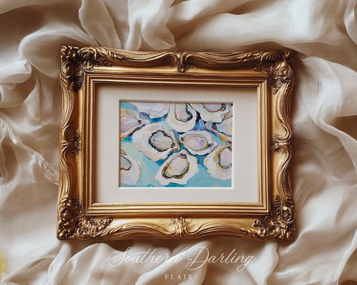 Oyster Shells On Blue Background Impasto Coastal Shell Art Poster - Image 2