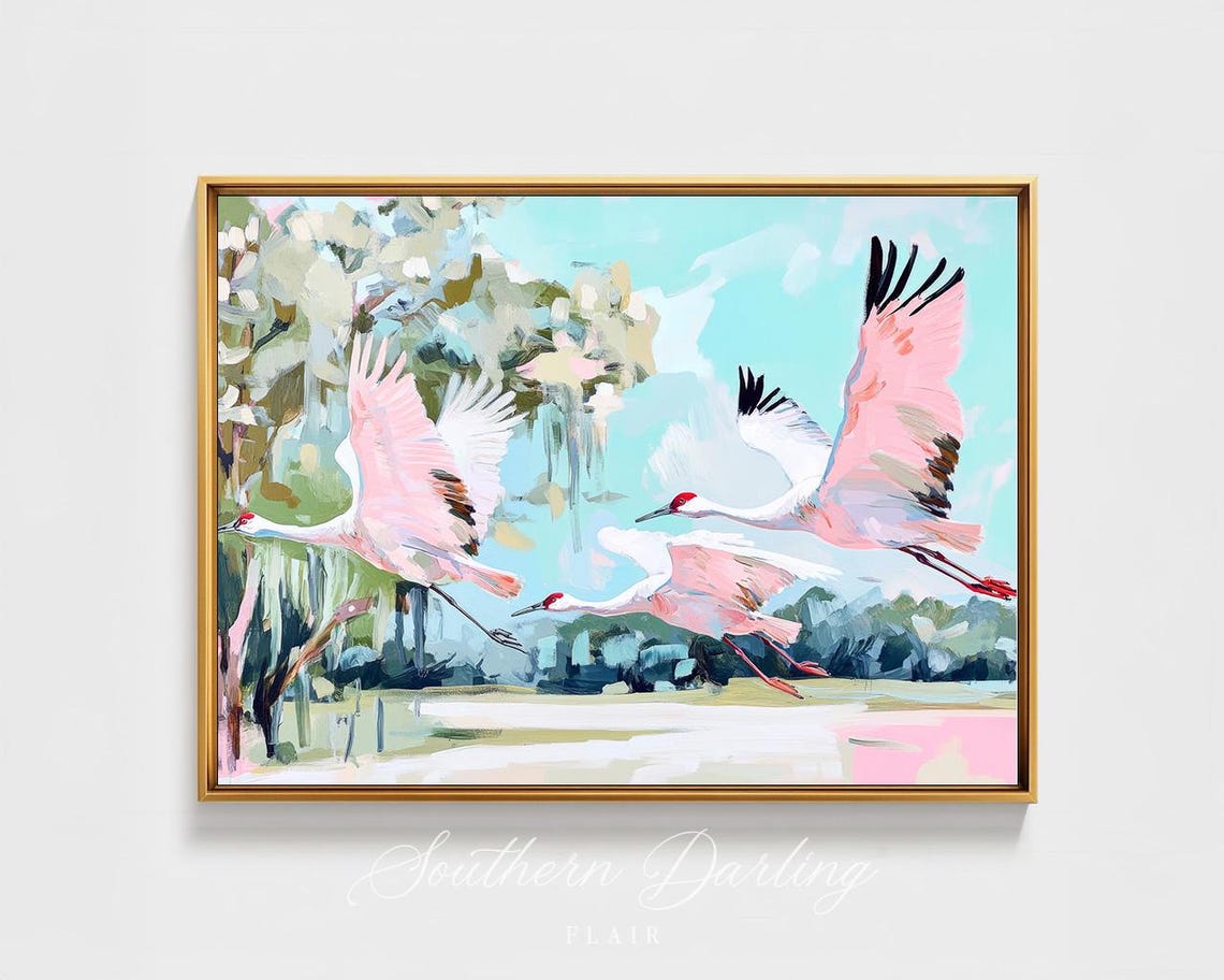 Three Sandhill Cranes In Flight Over A Pastel Marsh Landscape Poster - Image 2