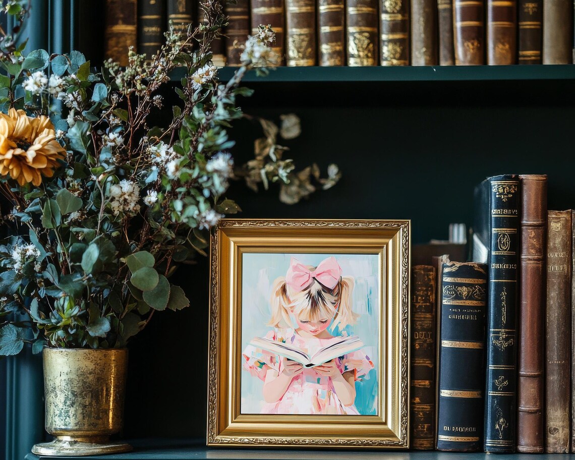 Blonde Girl With Pigtails Reading Book Pink Bow Nursery Art Poster - Image 2