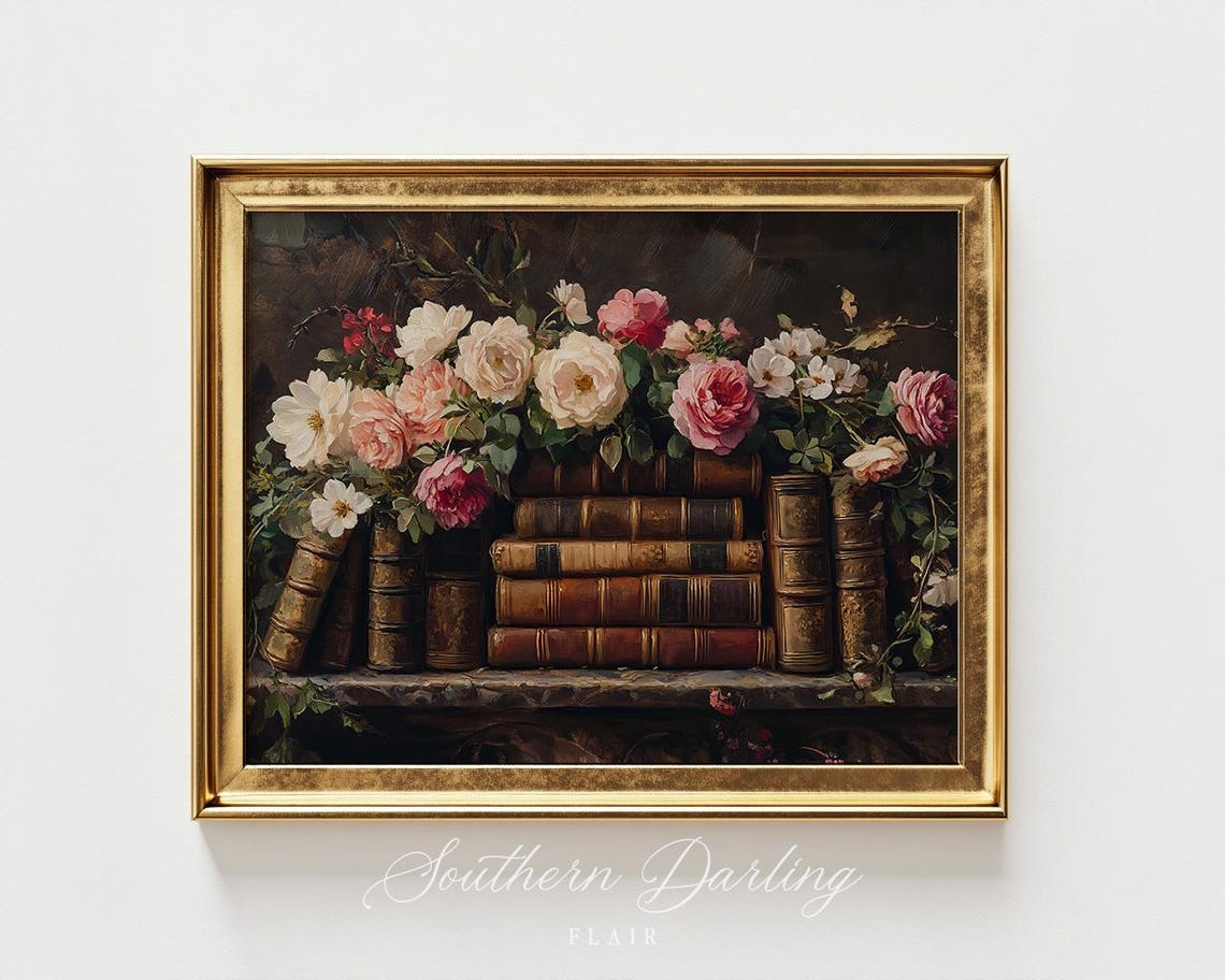 Old Books On Shelf With Trailing Roses Dark Floral Still Life Poster