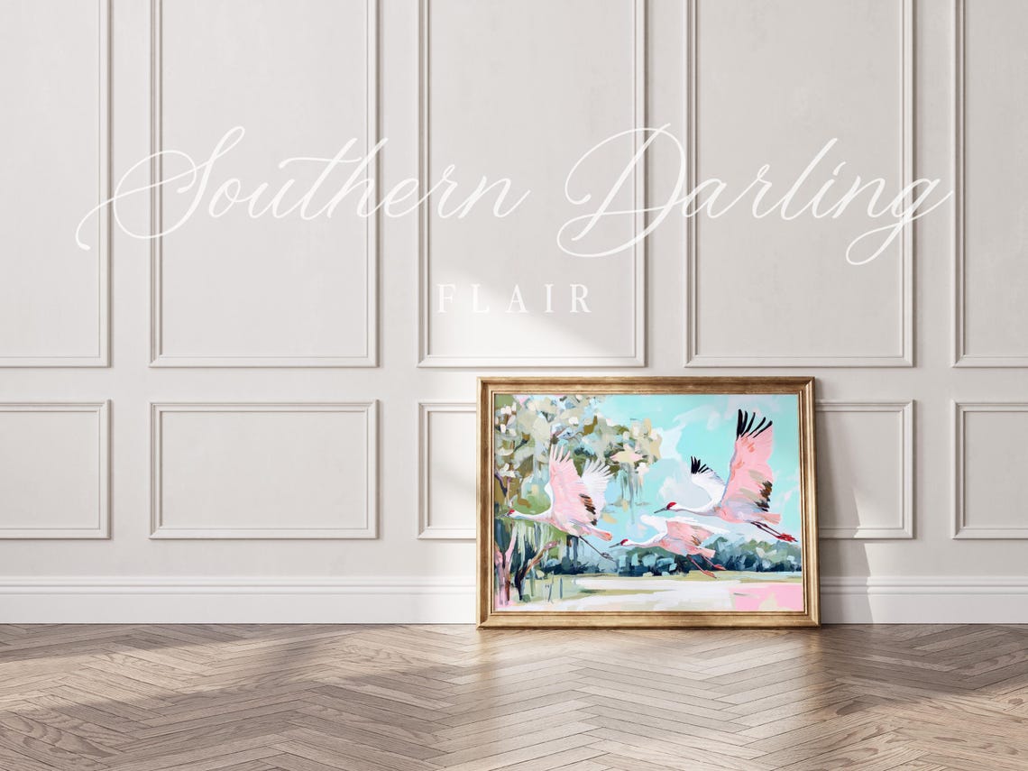 Three Sandhill Cranes In Flight Over A Pastel Marsh Landscape Poster - Image 4