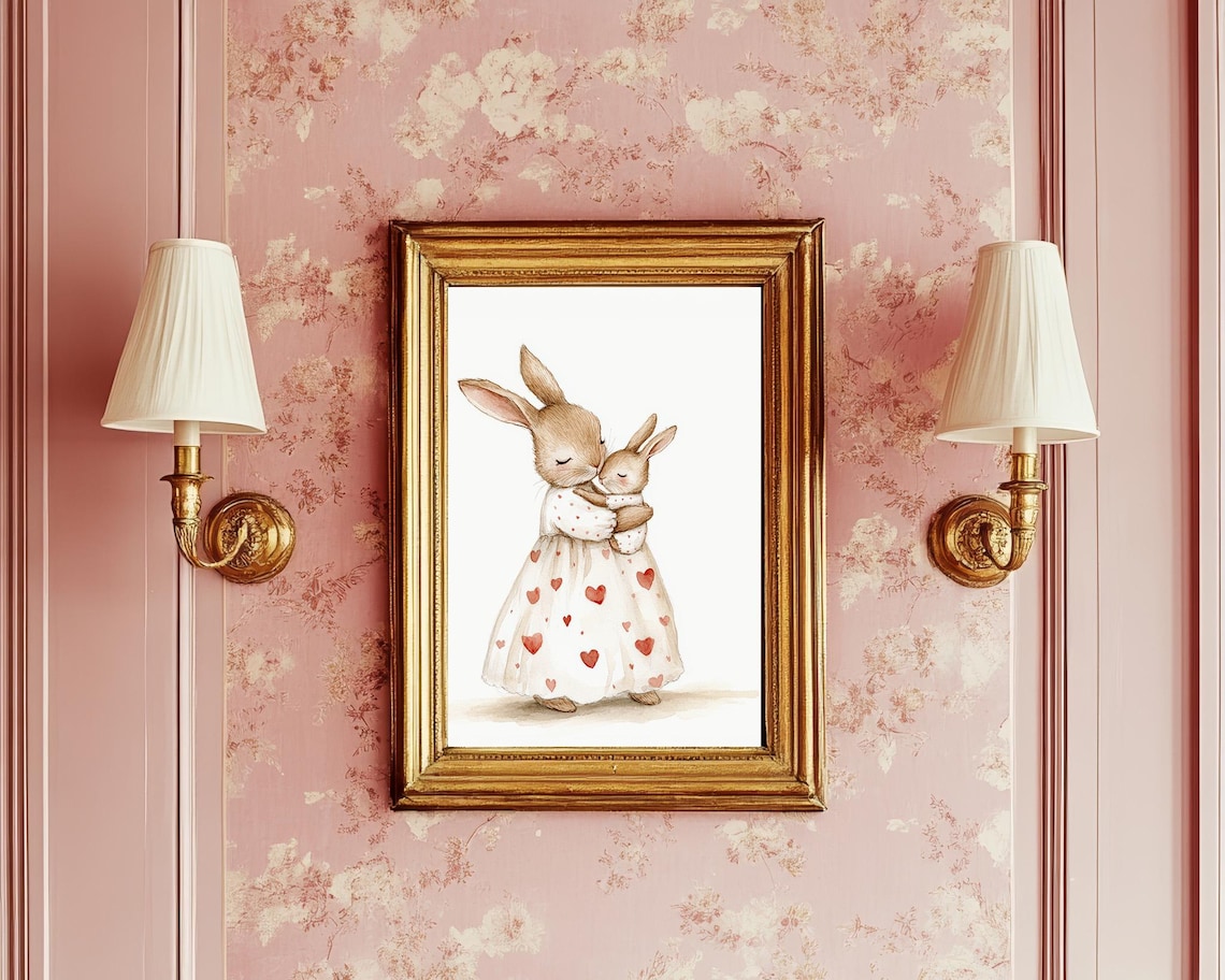Mama Rabbit Hugging Baby Bunny Heart Dress Nursery Watercolor Poster - Image 2