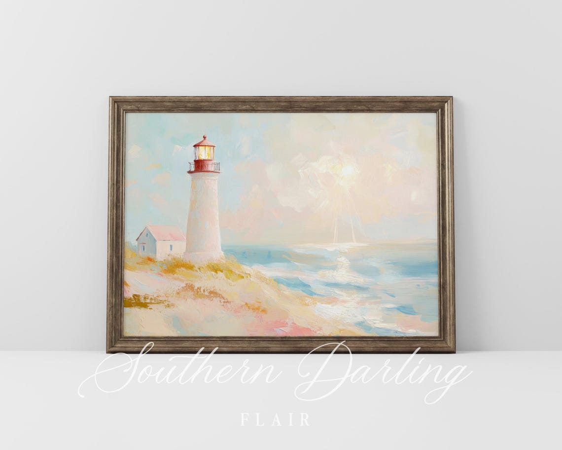 White Lighthouse On Coastal Cliffs Pastel Sunrise Ocean Scene Poster - Image 5