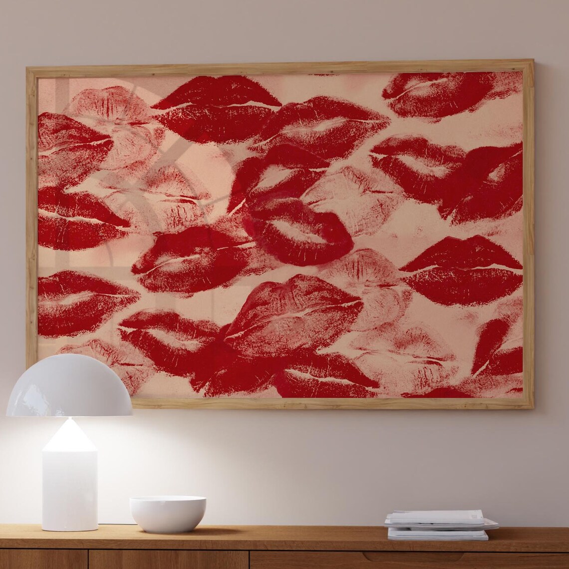 Red Lipstick Kisses Pattern Bold Romantic Love Bedroom Wall Art