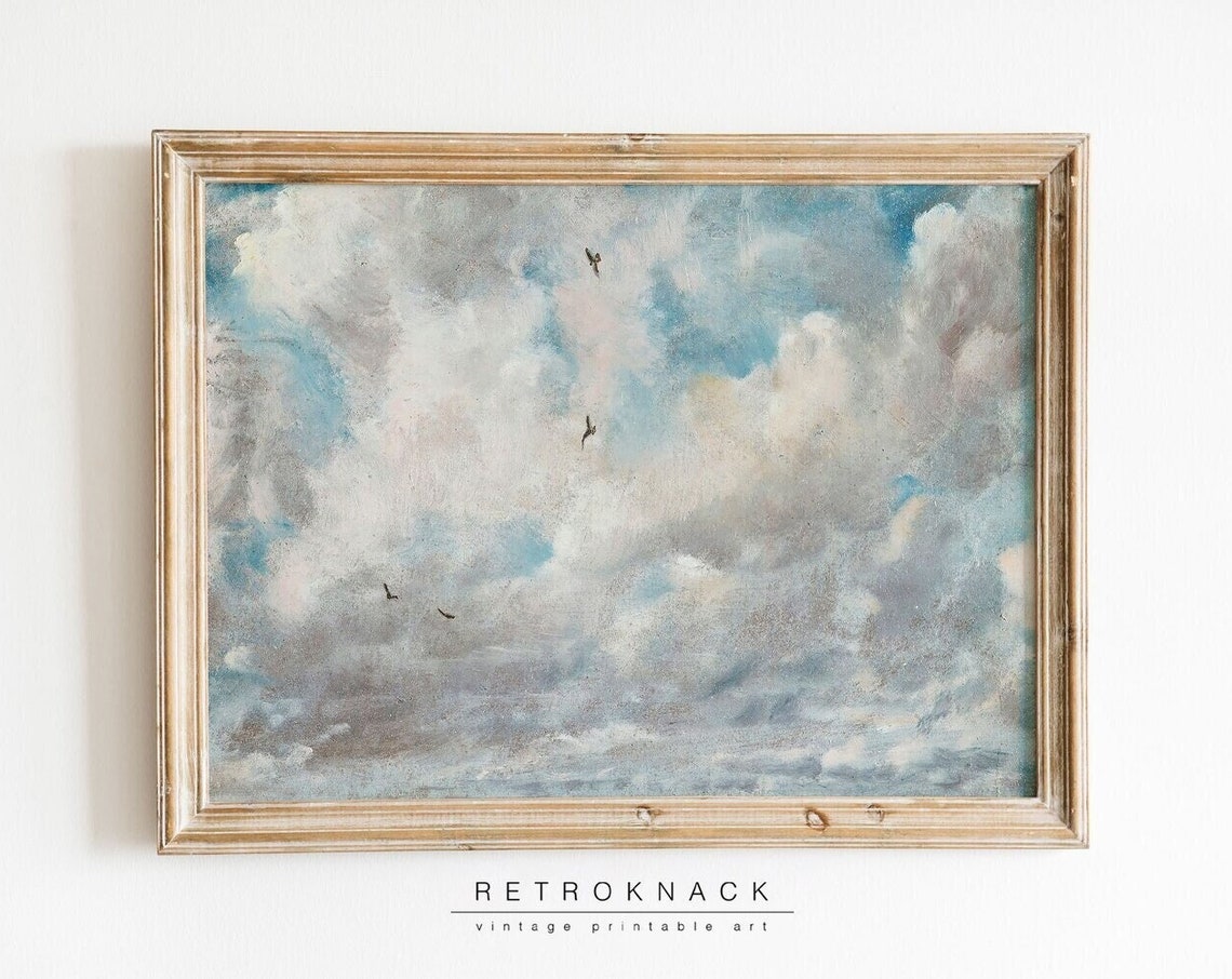 Antique Cloud Study Oil Painting Birds Dramatic Sky Vintage Art Poster