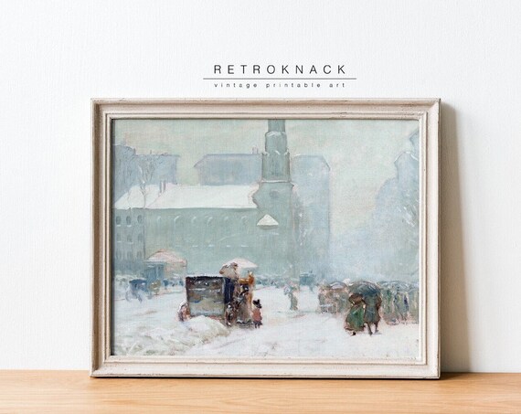 Antique Oil Painting Boston Print Wall Art Park Streets Church Snowy Landscape Pt1