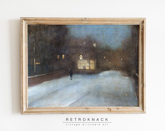 Snowy Night Street Lamp Lit Windows Vintage Winter Oil Painting Poster