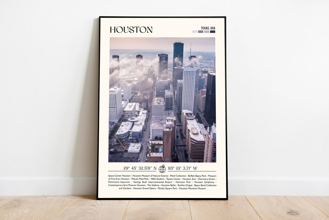 Houston Texas Downtown Skyline Fog Photo Poster With Landmark Guide