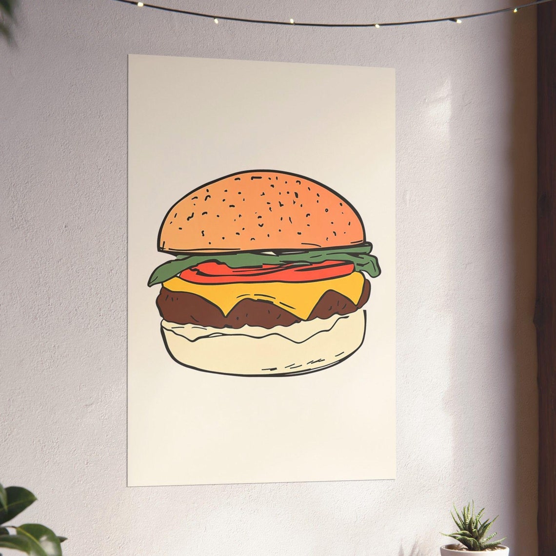 Simple Cheeseburger Line Drawing Kitchen Wall Decor Artwork Poster