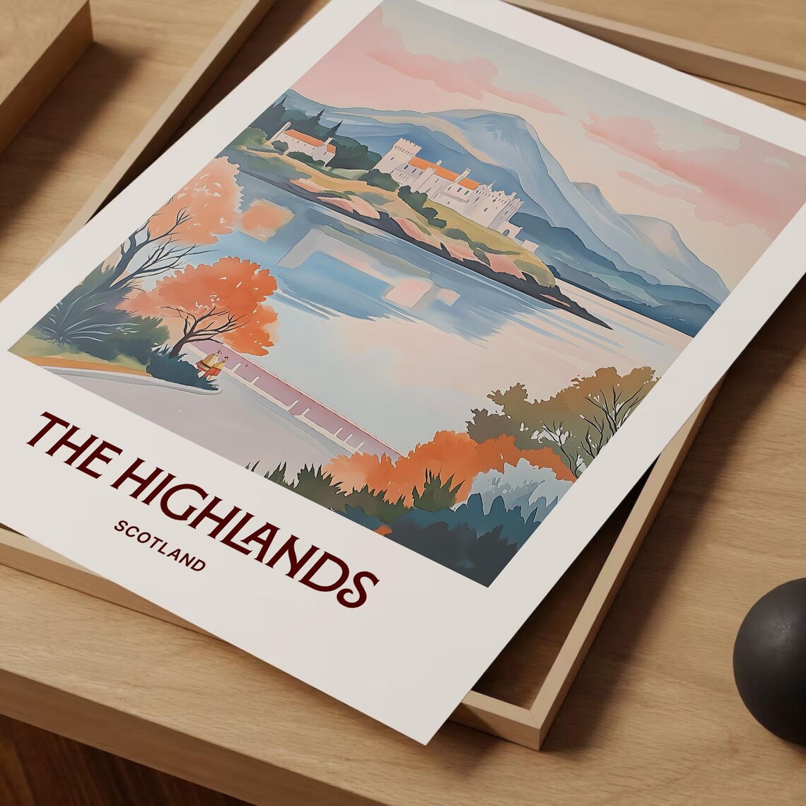 Scottish Highlands Castle Loch Mountain Watercolor Travel Poster - Image 2