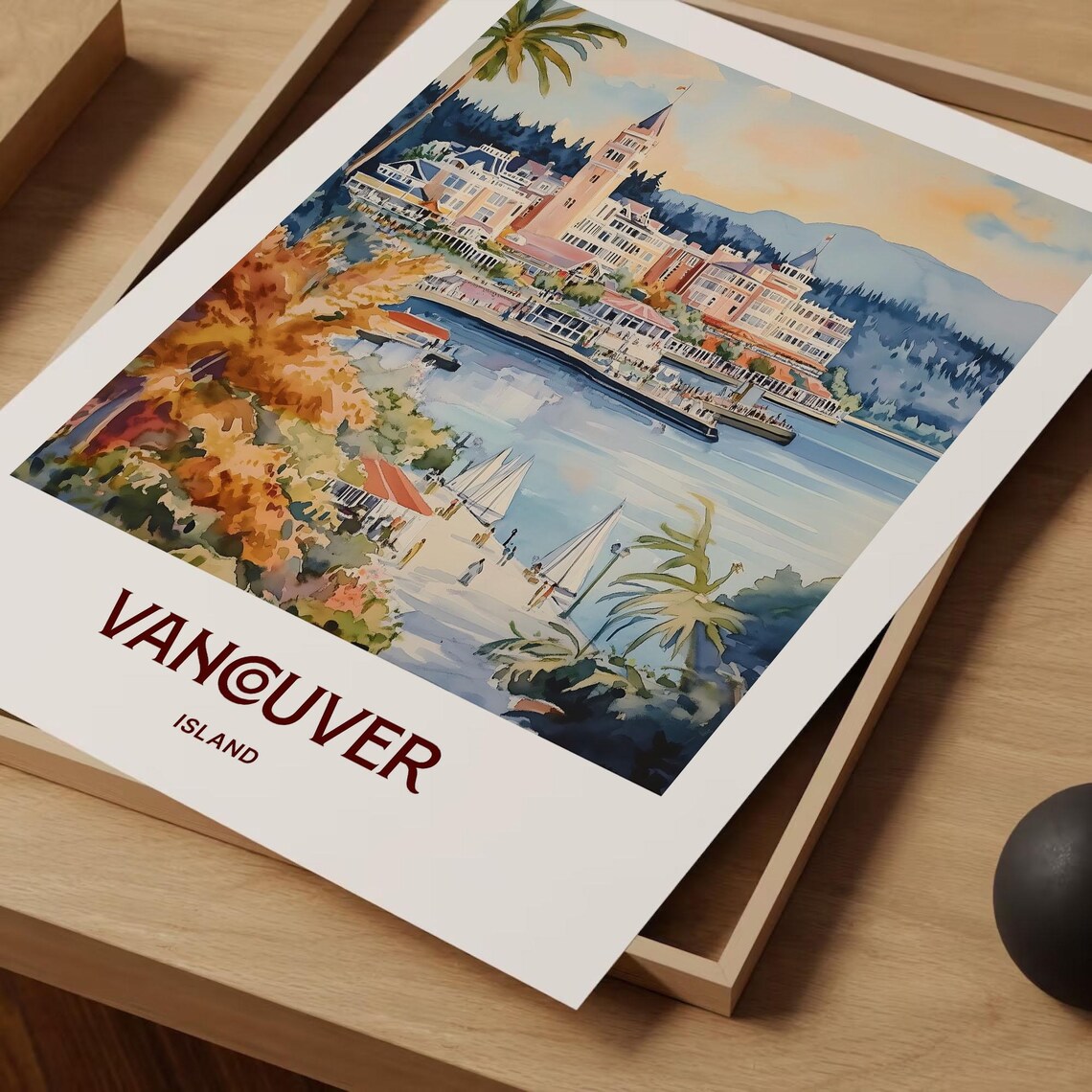 Vancouver Island Canada Harbor Sailboats Watercolor Coastal Travel Poster - Image 2