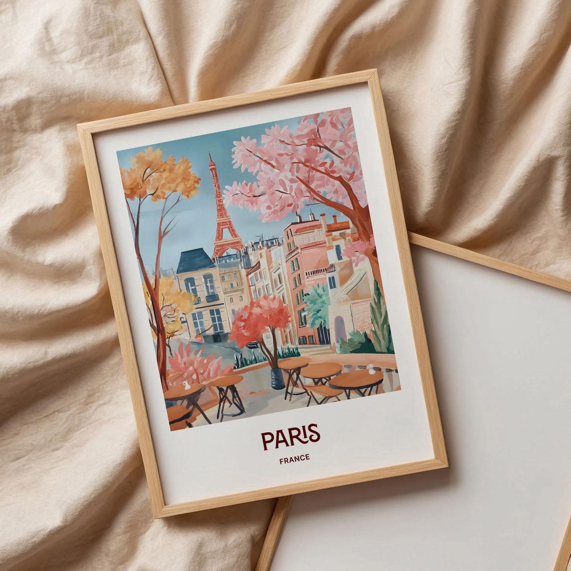 Paris France Eiffel Tower Cafe Terrace Cherry Blossom Poster - Image 3