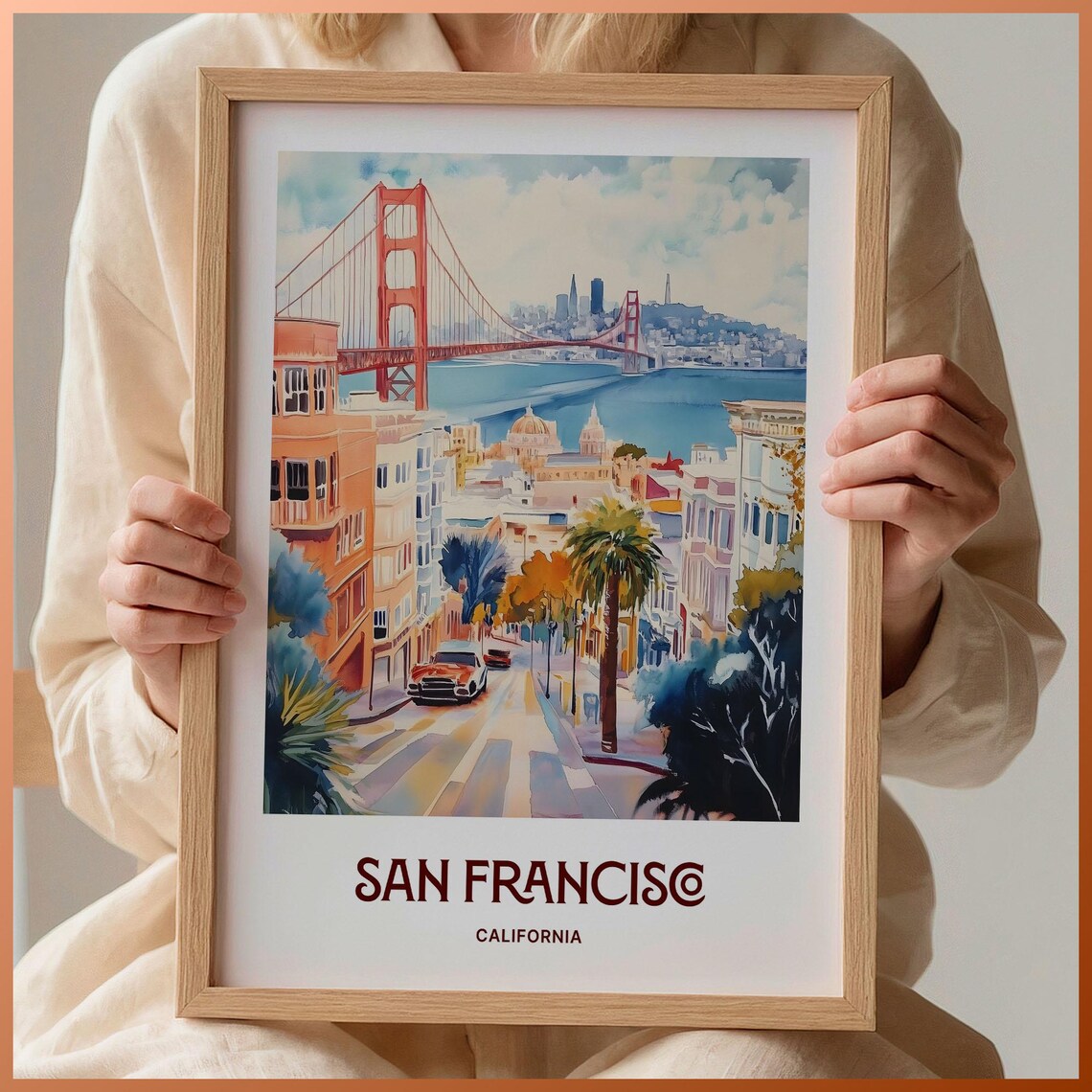 San Francisco California Golden Gate Bridge Watercolor Travel Poster