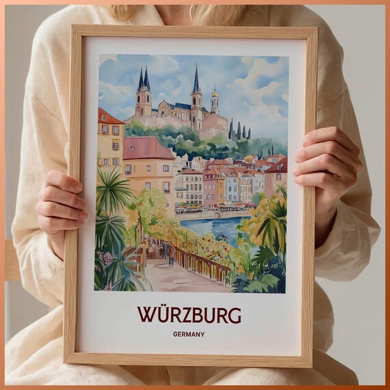 Wurzburg Germany Historic Watercolor Old Town Riverside Poster